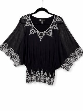 Alfani Black White Embroidered Sheer Blouson Poncho Sleeve Top Dark Bohemian Med